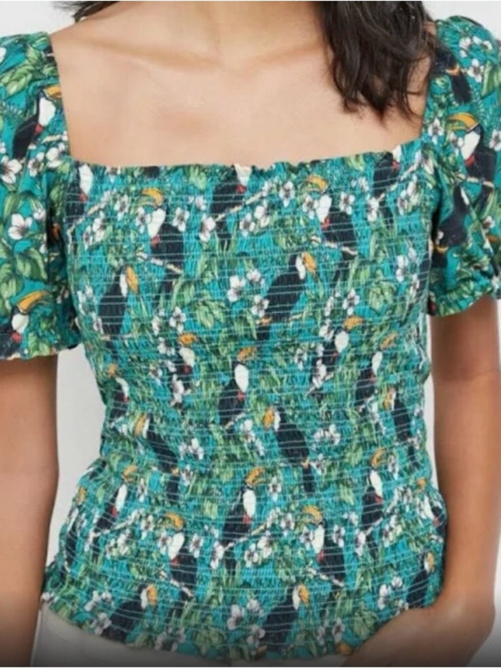 Anthropologie Dolan Cotton Smocked Square Neck Crop Toucan Top Green Size XS